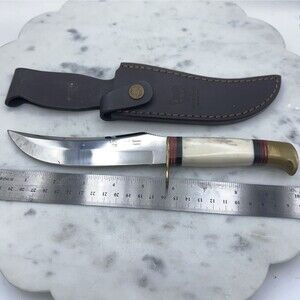 Hen & Rooster Stag Bowie Fixed Blade Hunting Knife W/ Original Leather Sheath